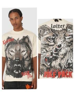 M1239)Culture Kings Vtg Loiter Wolf Pack Ecru Cotton Short Sleve Tee Oversize XS